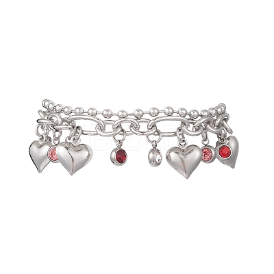 Heart 304 Stainless Steel Figaro & Ball Chains Double Layers Bracelets BJEW-JB13177-01-1