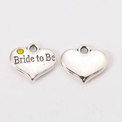 Wedding Theme Antique Silver Tone Tibetan Style Heart with Bride to Be Rhinestone Charms X-TIBEP-N005-10E-1