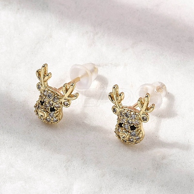 Deer Brass Micro Pave Clear Cubic Zirconia Stud Earrings EJEW-A146-03G-1