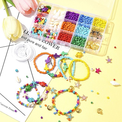 DIY Glass Seed & Synthetic Turquoise & Natural Cowrie Shell Bracelets Making Kits DIY-FS0007-11A-1