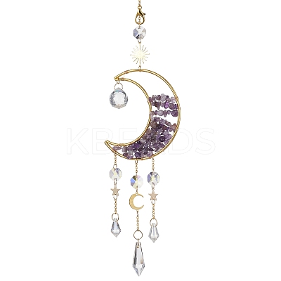 Wire Wrapped Natural Amethyst Chip & Brass Moon Pendant Decorations HJEW-JM01504-02-1
