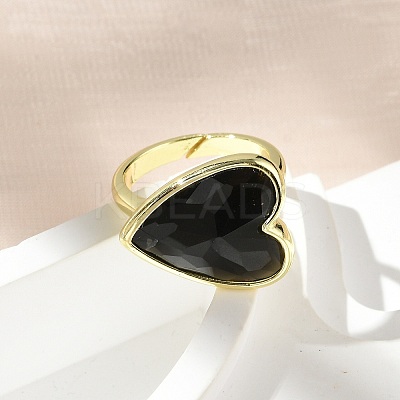 Heart Brass Natural Obsidian Finger Rings RJEW-D304-01G-G-1