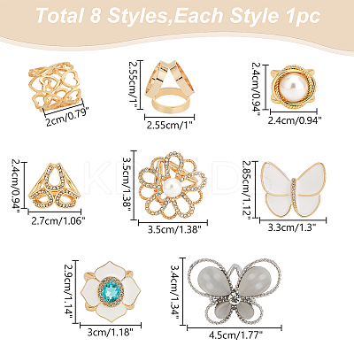 8Pcs 8 Style Butterfly Flower Heart Scarf Buckle Ring AJEW-WR0002-12-1