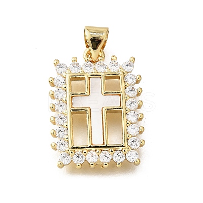 Brass Micro Pave Cubic Zirconia Shell Pendants KK-D328-14G-1