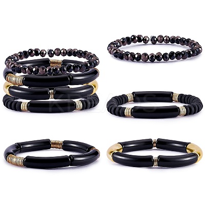 4Pcs 4 Style Acrylic Chunky Curved Tube Stretch Bracelet Sets BJEW-SW00074-02-1