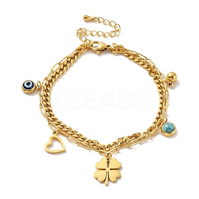 Ion Plating(IP) 304 Stainless Steel Chain Multi-strand Bracelet with Heart and Clover BJEW-P272-03G-1