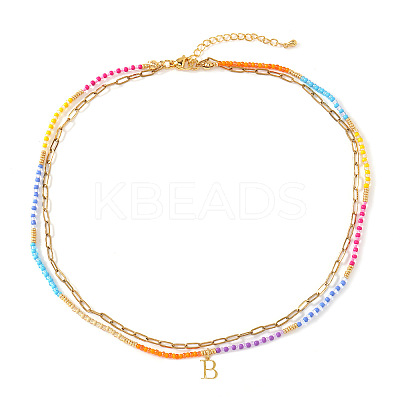 Colorful Glass Seed Beaded Initial Pendant Double Layer Necklaces QS3881-2-1