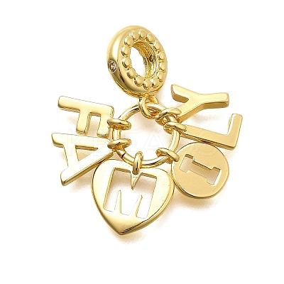 Brass Clear Cubic Zirconia Word FAMILY Heart European Dangle Charms X-KK-C087-14G-1