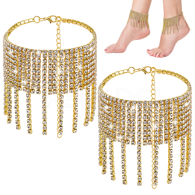 2Pcs Bohemian Brass Full Crystal Rhinestone Tassel Anklets for Women AJEW-PH0007-81G-1