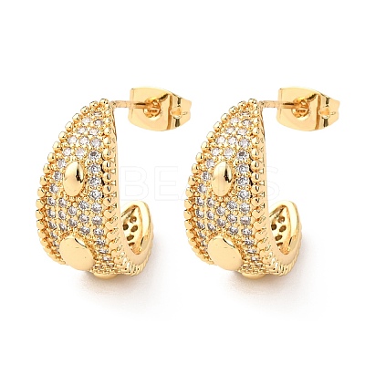 Brass Micro Pave Clear Cubic Zirconia C-Shaped with Oval Stud Earrings EJEW-B153-17G-01-1