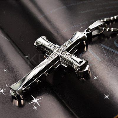 Cross Alloy Crystal Rhinestone Pendant Necklaces for Men FS-WG5CDA8-07-1