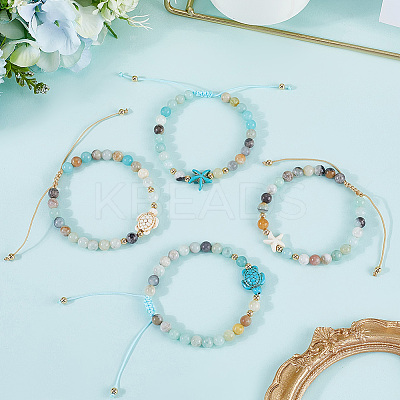 4Pcs 4 Style Natural Flower Amazonite Round Beaded Braided Bead Bracelets Sets BJEW-SC0001-51-1