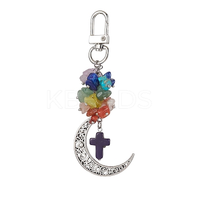 Natural & Synthetic Gemstone Chip & Cross Pendant Decoration HJEW-TA00086-1
