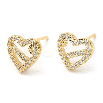 Rack Plating Brass Heart with Flower Stud Earrings with Cubic Zirconia EJEW-A103-02G-1