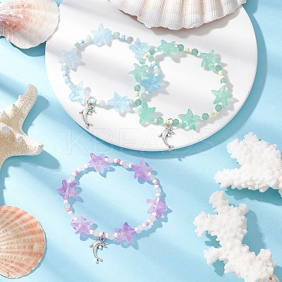 3Pcs 3 Colors Spray Painted Glass Star Beads & Natural Rose Quartz & Amazonite & Green Aventurine Beads Stretch Bracelets for Women BJEW-MZ00175-1