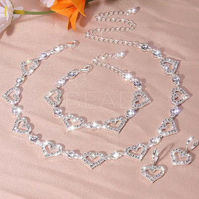 Heart Alloy Crystal Rhinestone Link Chain Necklace & Hoop Earring & Bracelets Sets FS-WG0CDC6-01-1-1