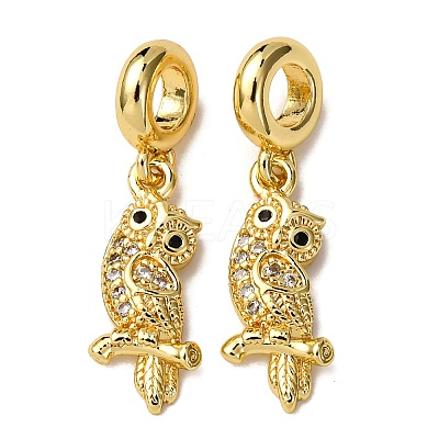 Brass Pave Clear and Black Cubic Zirconia Owl European Dangle Charms KK-A265-09B-G-1