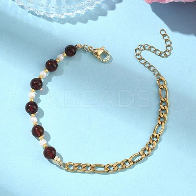 Natural Amber & Cultured Freshwater Pearl Beads Link Bracelets BJEW-JB13694-02-1
