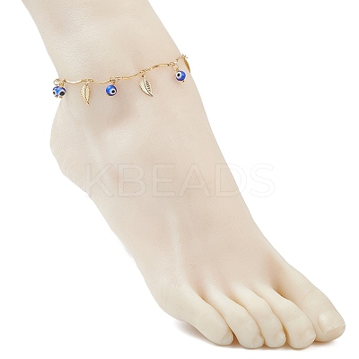 Handmade Evil Eye Lampwork & Stainless Steel Leaf Tassel 304 Stainless Steel Curved Bar Link Chain Anklets for Women AJEW-AN00742-02-1