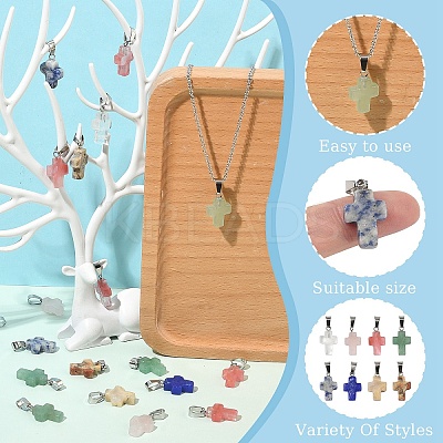20Pcs Cherry Quartz Glass/Natural Rose Quartz/Green Aventurine/Crazy Agate/ Unakite/Quartz Crystal/Blue Spot Jasper Cross Pendants G-YW0002-28-1