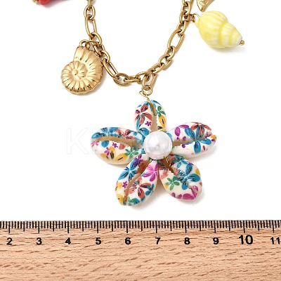 Printed Natural Cowrie Shell Colorful Flower & Ceramics Shell Shape Fish Pendant 304 Stainless Steel Chain Bib Necklaces for Women NJEW-A063-03G-1