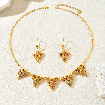 Vintage Brass Micro Pave Cubic Zirconia Triangle Pendant Necklace & Dangle Earring Set for Women SS2880-1