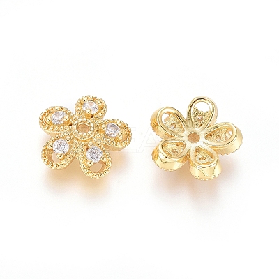 5-Petal Brass Micro Pave Clear Cubic Zirconia Bead Caps ZIRC-G153-41G-1