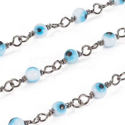 3.28 Feet Handmade Evil Eye Lampwork Round Beaded Chains X-CHC-G009-A-B03-1
