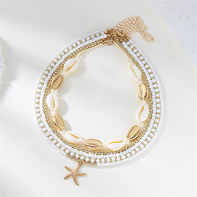 Bohemian Style Alloy Starfish Pendant Glass Seed Beads Natural Shell Beaded Multi Layered Necklaces FS-WG079D7-01-1