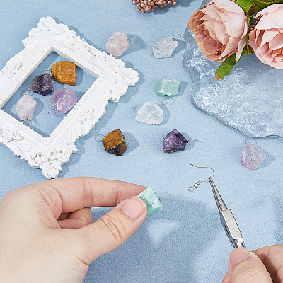 12Pcs 6 Styles Raw Rough Natural Green Aventurine & Amethyst & Tiger Eye & Quartz Crystal & Rose Quartz Pendants PALLOY-FH00085-1
