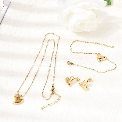 304 Stainless Steel Heart Pendant Necklaces & Bracelets & Stud Earrings Sets SJEW-P008-01G-1