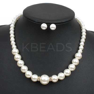 Alloy with ABS Plastic Pearl Round Beaded Necklaces & Stud Earrings Sets for Women WG13E8D-02-1