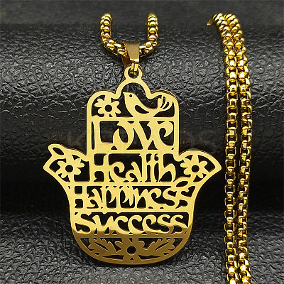 201 Stainless Steel Hollow Cut Hamsa Hand Pendant Necklaces LS-NJEW-H065-07G-1