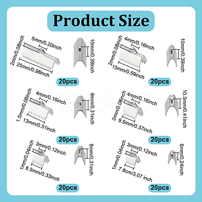 120Pcs 6 Styles 304 Stainless Steel Ribbon Crimp Ends STAS-UN0063-91P-1
