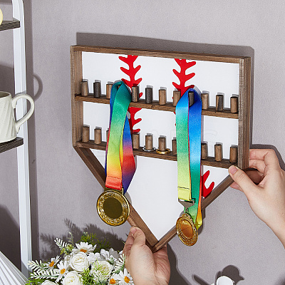Baseball Theme Wood Wall Mounted Finger Ring Organizer Display Stands AJEW-WH0031-70A-1