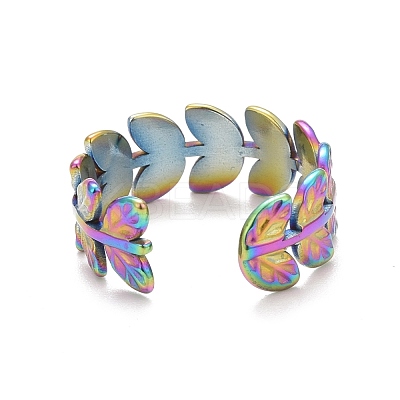 Ion Plating(IP) Rainbow Color 304 Stainless Steel Leaf Wrap Open Cuff Ring for Women RJEW-C025-16M-1