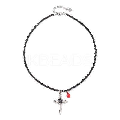 Alloy Enamel Gothic Cross and Red Teardrop Pendant Faceted Rondelle Glass Beaded Necklaces NJEW-JN05827-1