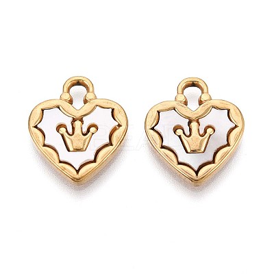 304 Stainless Steel Pave Natural White Shell Crown Heart Pendants STAS-N110-22A-G-1