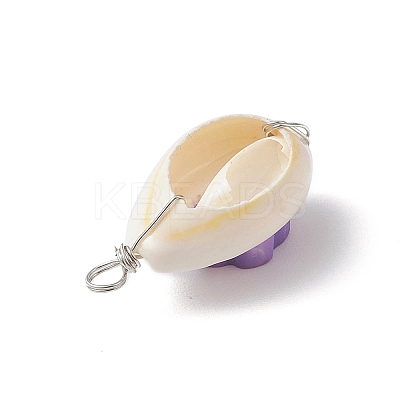 Natural Cowrie Shell & Handmade Polymer Clay Copper Wire Wrapped Pendants PALLOY-JF03818-01-1