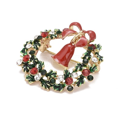 Colorful Christmas Wreath with Bell Enamel Pin with Rhinestone JEWB-A004-07G-1