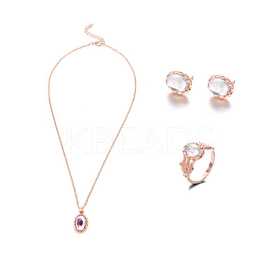 Oval Alloy & Acrylic Imitation Moonstone Pendant Necklaces & Stud Earrings & Rings Sets FS-WG10CC3-01-1-1