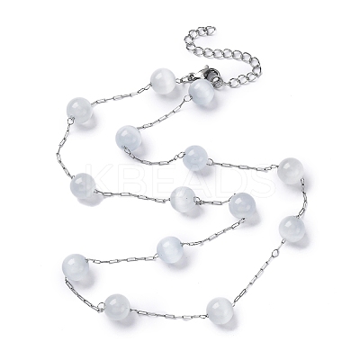 304 Stainless Steel Cat Eye Round Beads Handmade Chain Necklaces for Women NJEW-C073-01P-06-1