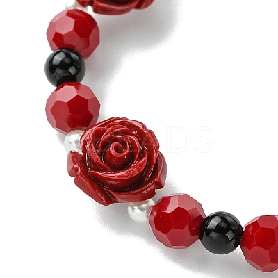 Synthetic Coral Rose Flower & Opaque Glass Beads & ABS Plastic Imitation Pearl Beaded Stretch Bracelets for Women BJEW-JB10748-1
