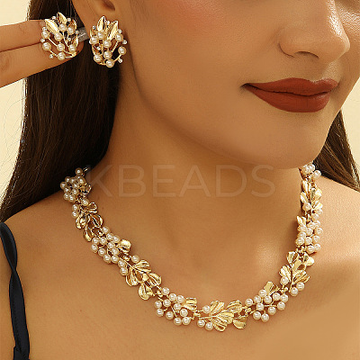 Ginkgo Leaf Zinc Alloy & Plastic Imitation Pearl Link Chain Necklace & Stud Earring Sets FS-WG12076-01-1