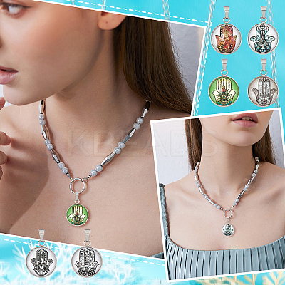24Pcs 6 Color Hamsa Hand Pattern Glass Pendants GLAA-DC0001-01-1