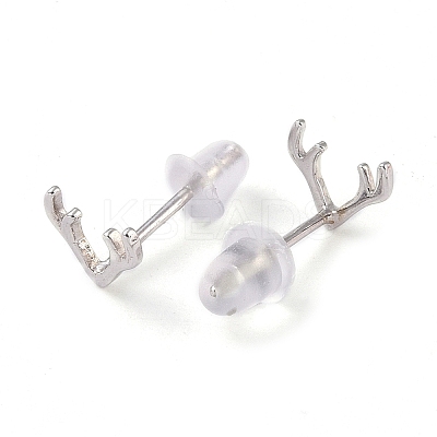 Anti-Tarnish Rhodium Plated Antler Shape 999 Fine Silver Stud Earrings for Women LS-EJEW-S215-07P-1
