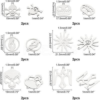 12Pcs 6 Style 201 Stainless Steel Pendants STAS-UN0020-22P-1
