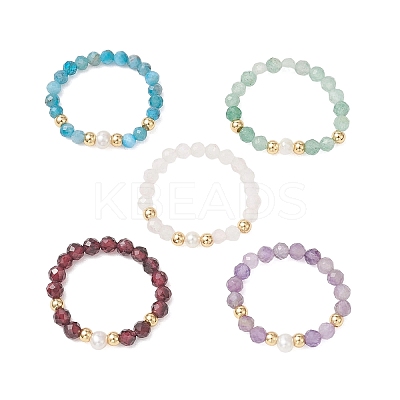Natural Mixed Gemstone & Pearl Bead Finger Rings for Women RJEW-JR00965-1