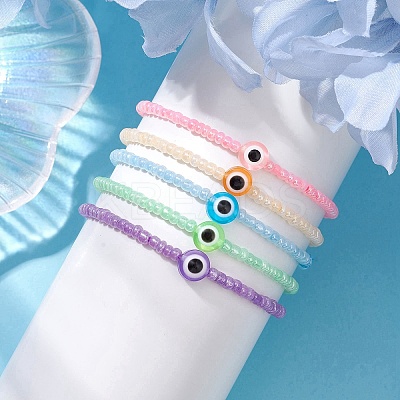 5Pcs 5 Colors Evil Eye Resin & Glass Seed Beaded Stretch Bracelet Sets BJEW-JB10477-1