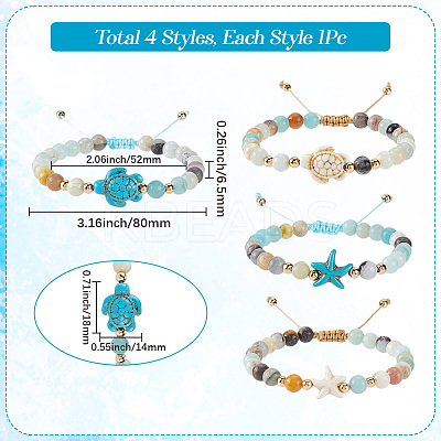 4Pcs 4 Style Natural Flower Amazonite Round Beaded Braided Bead Bracelets Sets BJEW-SC0001-51-1